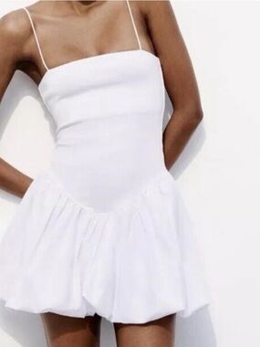 Zara White Spaghetti-Strap Bubble Mini Dress